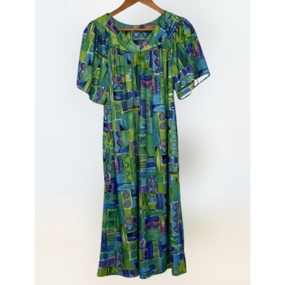 Vtg 80s Anthony Richards Green ‘Purple Blue Geometric Muumuu House Lounge Dress